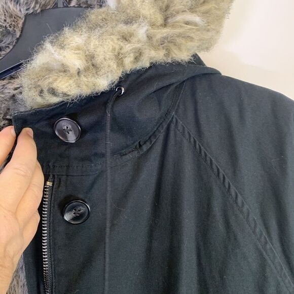 Community Hooded Coat Parka XL Aritzia Black Faux Fur Lined Removeable Lining - Picture 4 of 12
